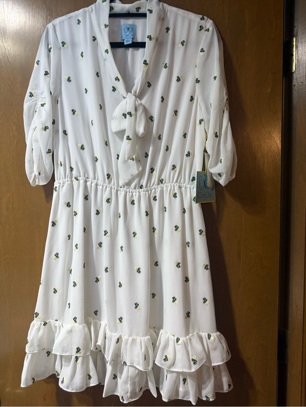 Darling Douvle Riddle CeCe White Dress Green and Yellow Floral Print